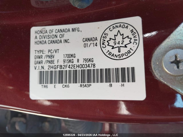 Продаж на аукціоні авто 2014 Honda Civic Lx, vin: 2HGFB2F42EH003478, номер лоту: 12595326
