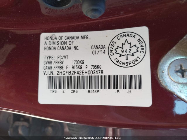 Продаж на аукціоні авто 2014 Honda Civic Lx, vin: 2HGFB2F42EH003478, номер лоту: 12595326