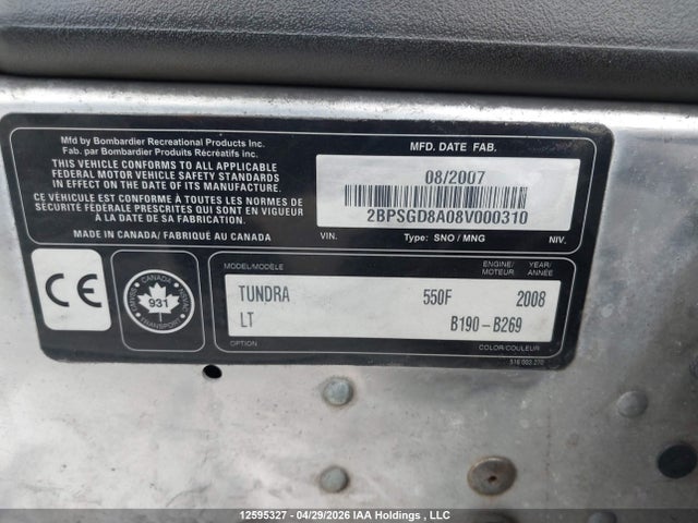 12595327 :رقم المزاد ، 2BPSGD8A08V000310 vin ، 2008 Skidoo  مزاد بيع