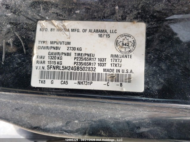 5FNRL5H24GB502832 Honda Odyssey