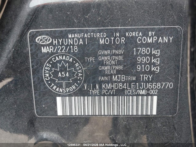 KMHD84LF1JU668770 Hyundai ELANTRA GL