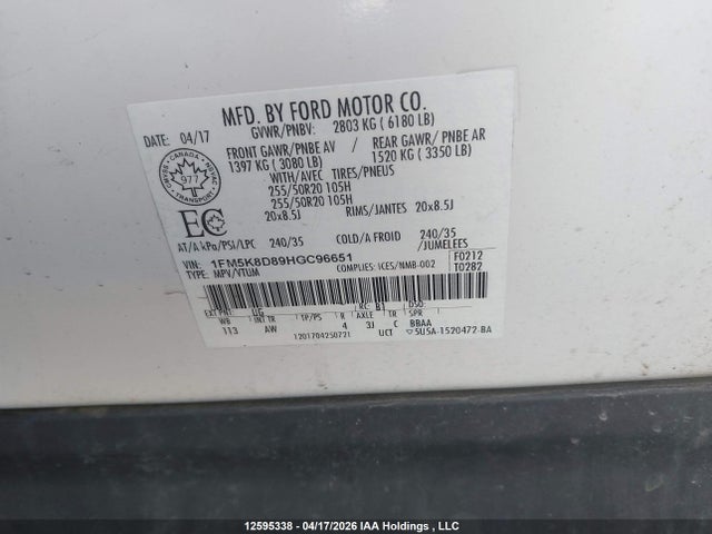 Aukcja sprzedaży 2017 Ford Explorer Xlt, vin: 1FM5K8D89HGC96651, numer aukcji: 12595338