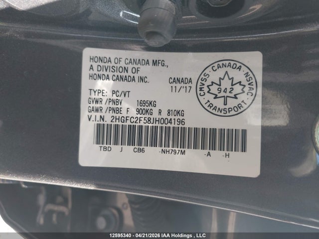 2HGFC2F58JH004196 Honda Civic Lx