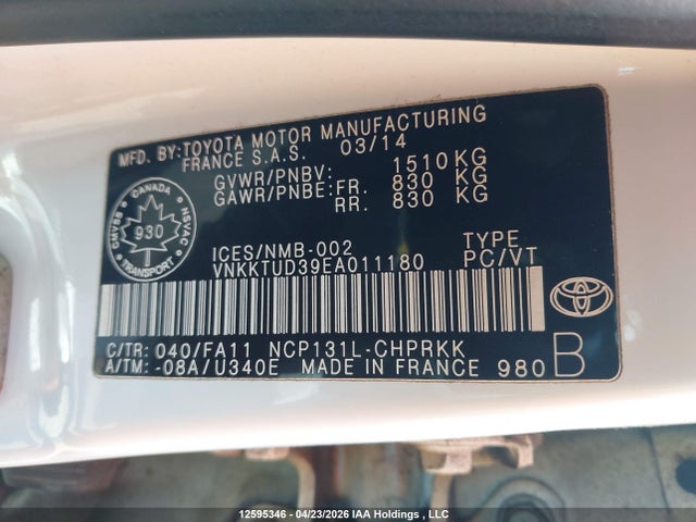 12595346 :رقم المزاد ، VNKKTUD39EA011180 vin ، 2014 Toyota Yaris مزاد بيع