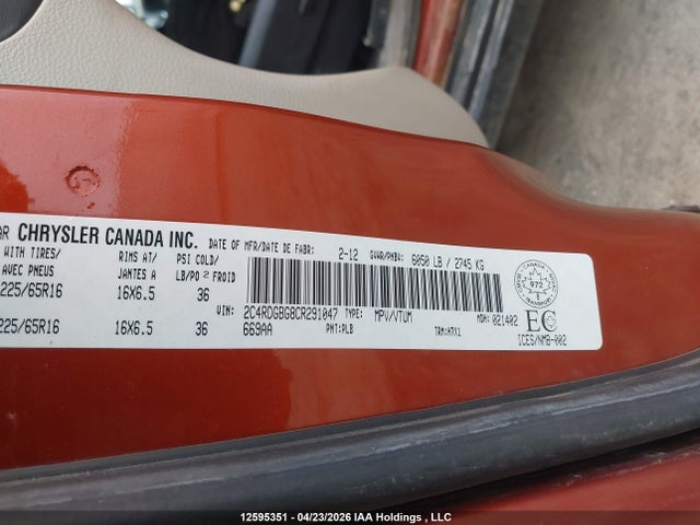 Aukcja sprzedaży 2012 Dodge Grand Caravan Se, vin: 2C4RDGBG8CR291047, numer aukcji: 12595351