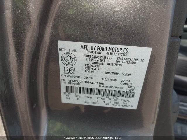 12595357 :رقم المزاد ، 1FMCU93G69KB07288 vin ، 2009 Ford Escape Xlt Automatic مزاد بيع