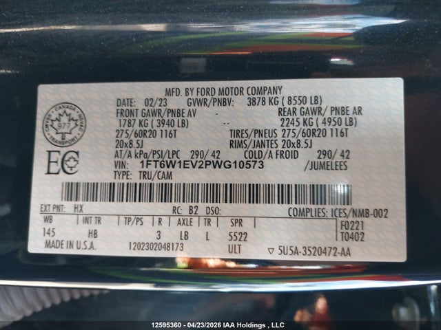12595360 :رقم المزاد ، 1FT6W1EV2PWG10573 vin ، 2023 Ford F-150 Lightning Lariat مزاد بيع