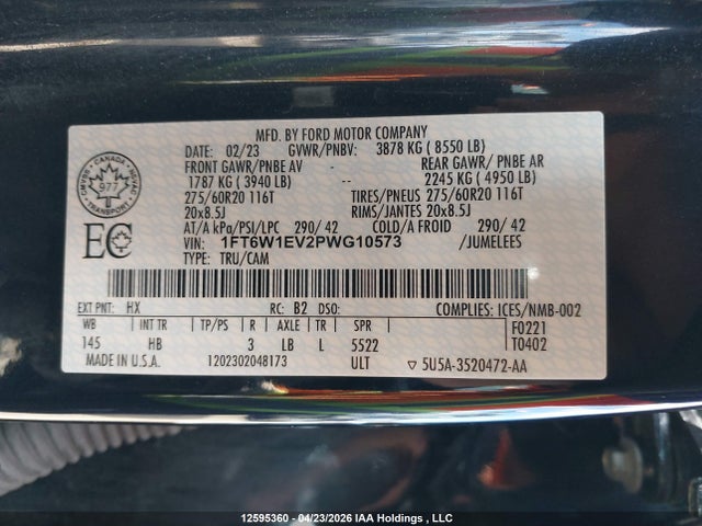 12595360 :رقم المزاد ، 1FT6W1EV2PWG10573 vin ، 2023 Ford F-150 Lightning Lariat مزاد بيع