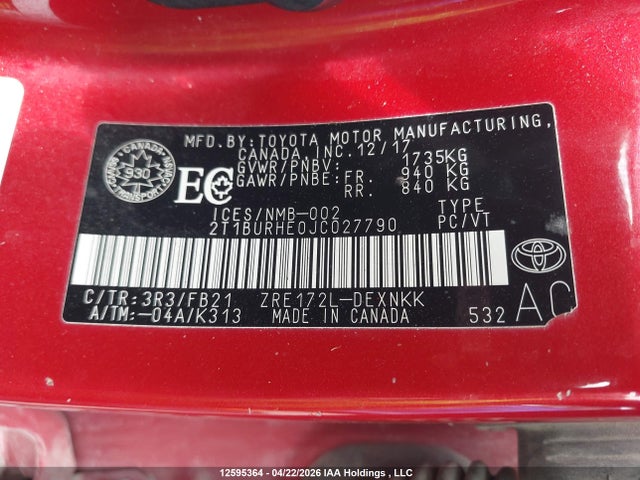 12595364 :رقم المزاد ، 2T1BURHE0JC027790 vin ، 2018 Toyota Corolla Le مزاد بيع