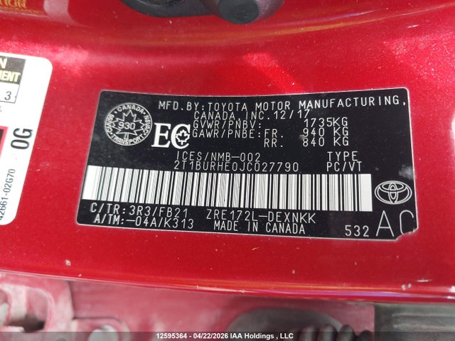12595364 :رقم المزاد ، 2T1BURHE0JC027790 vin ، 2018 Toyota Corolla Le مزاد بيع