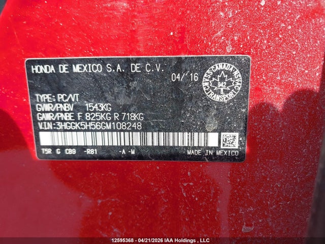 3HGGK5H56GM108248 Honda FIT LX