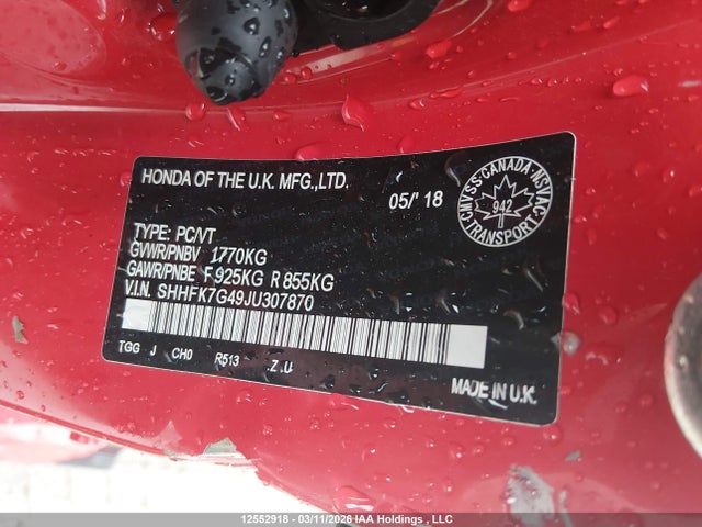 SHHFK7G49JU307870 Honda Civic Sport