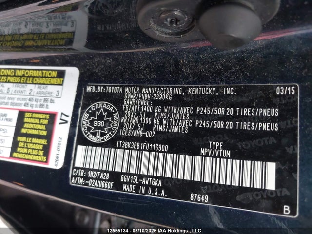 4T3BK3BB1FU116900 Toyota Venza Base V6