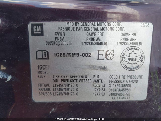 12568218 :رقم المزاد ، 1GCEC14C78Z226180 vin ، 2008 Chevrolet Silverado 1500 Lt/wt مزاد بيع