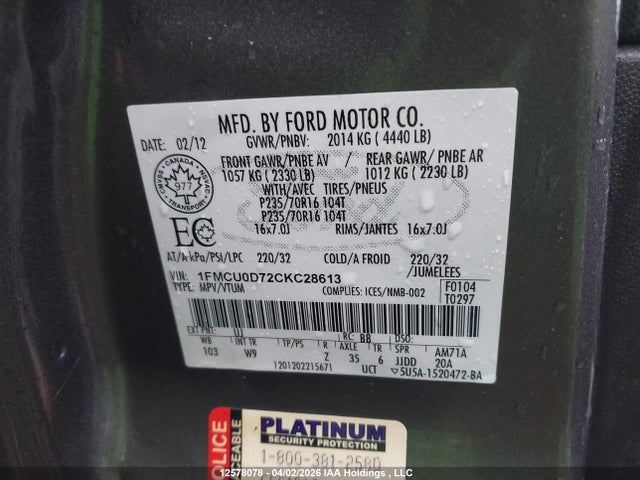 Продажа на аукционе авто 2012 Ford Escape Xlt, vin: 1FMCU0D72CKC28613, номер лота: 12578078