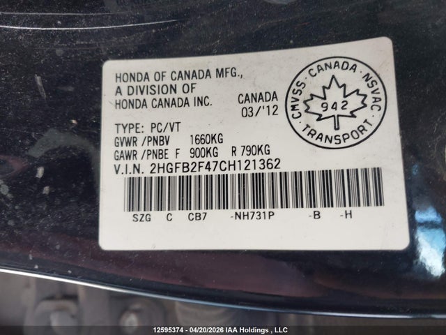 Продаж на аукціоні авто 2012 Honda Civic Lx, vin: 2HGFB2F47CH121362, номер лоту: 12595374