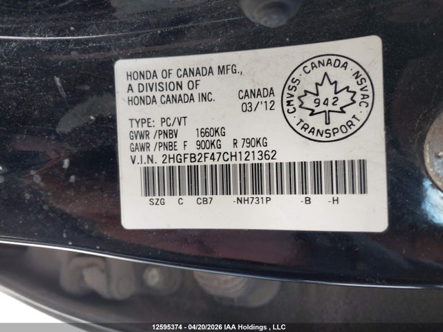 Продаж на аукціоні авто 2012 Honda Civic Lx, vin: 2HGFB2F47CH121362, номер лоту: 12595374