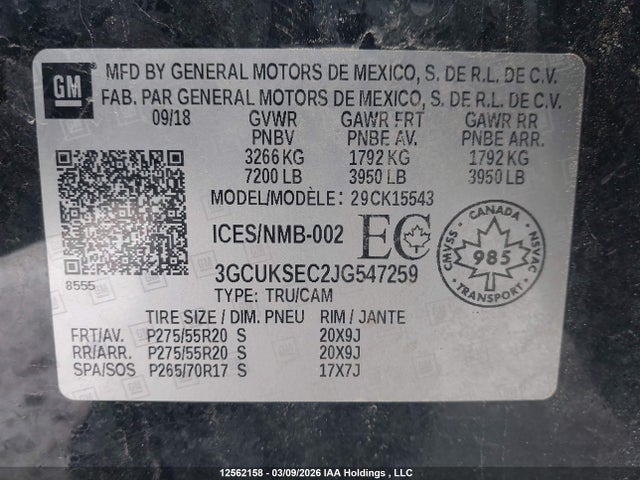 Продаж на аукціоні авто 2018 Chevrolet Silverado 1500 2lz, vin: 3GCUKSEC2JG547259, номер лоту: 12562158