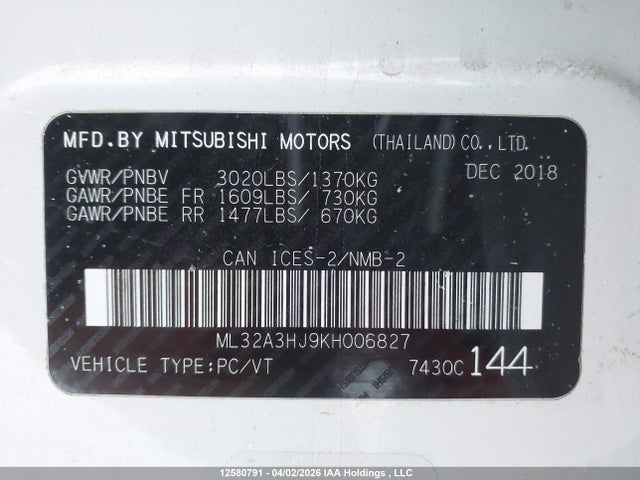 Продажа на аукционе авто 2019 Mitsubishi Mirage Es/es Limited, vin: ML32A3HJ9KH006827, номер лота: 12580791
