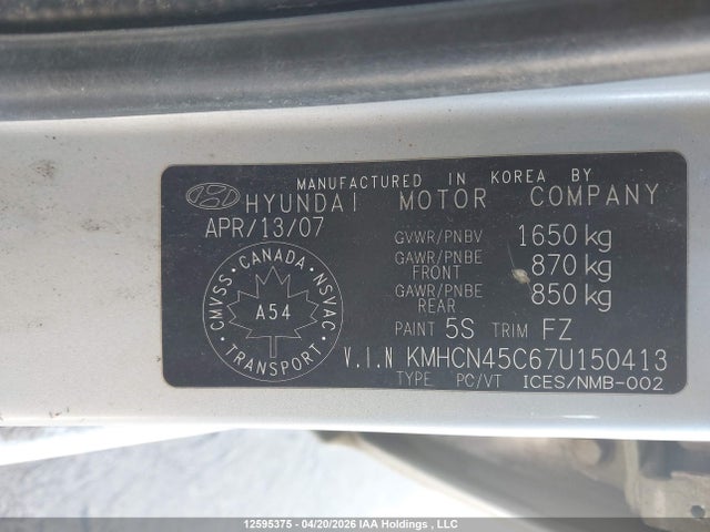 12595375 :رقم المزاد ، KMHCN45C67U150413 vin ، 2007 Hyundai Accent Gl/gls مزاد بيع