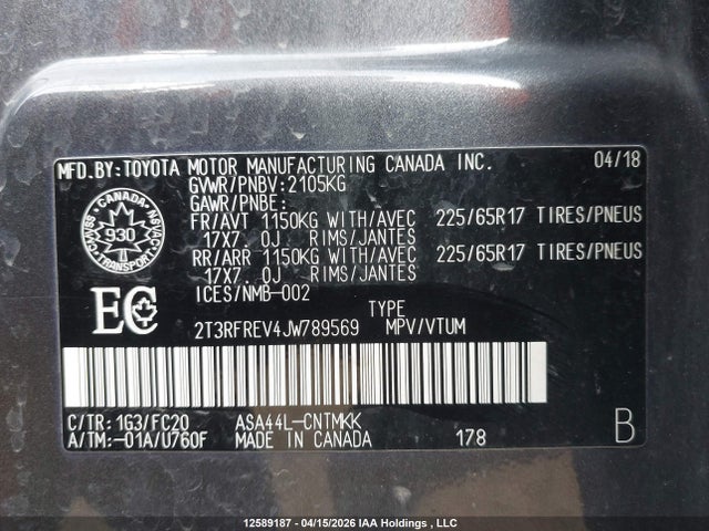 2018 Toyota Rav4 Xle მანქანა იყიდება აუქციონზე, vin: 2T3RFREV4JW789569, აუქციონის ნომერი: 12589187