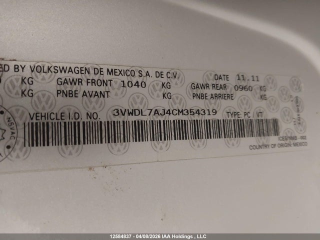 12584837 :رقم المزاد ، 3VWDL7AJ4CM354319 vin ، 2012 Volkswagen Jetta 2.0 Tdi Comfortline مزاد بيع