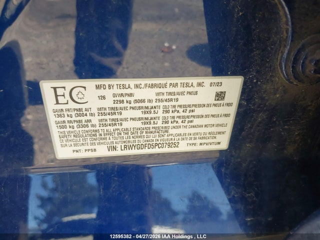 Продаж на аукціоні авто 2023 Tesla Model Y, vin: LRWYGDFD5PC079252, номер лоту: 12595382