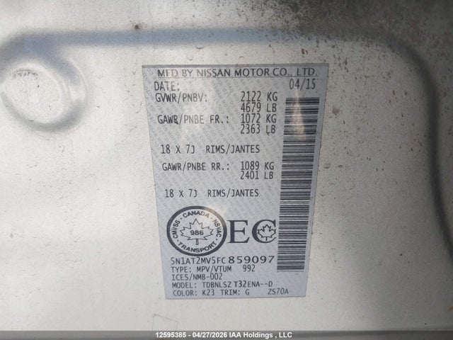 Продажа на аукционе авто 2015 Nissan Rogue S/sl/sv, vin: 5N1AT2MV5FC859097, номер лота: 12595385