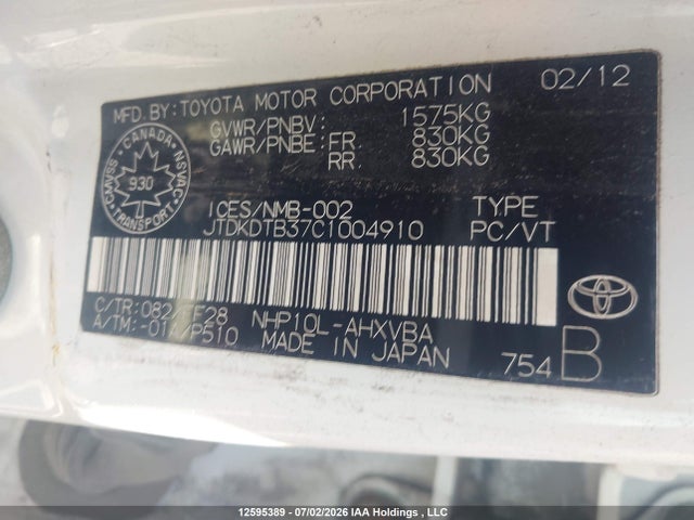 12595389 :رقم المزاد ، JTDKDTB37C1004910 vin ، 2012 Toyota Prius C Technology مزاد بيع