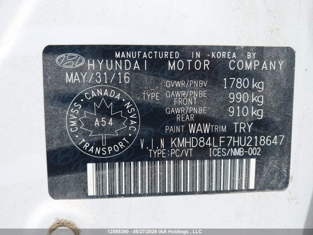 12595390 :رقم المزاد ، KMHD84LF7HU218647 vin ، 2017 Hyundai Elantra Limited مزاد بيع