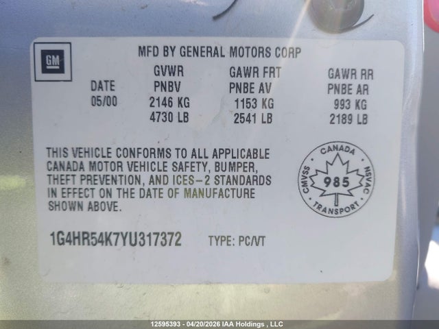 12595393 :رقم المزاد ، 1G4HR54K7YU317372 vin ، 2000 Buick Lesabre Limited مزاد بيع