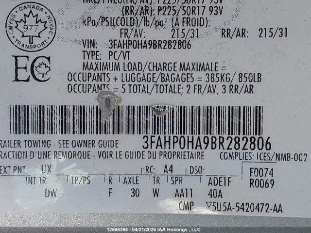 Продажа на аукционе авто 2011 Ford Fusion Se, vin: 3FAHP0HA9BR282806, номер лота: 12595394