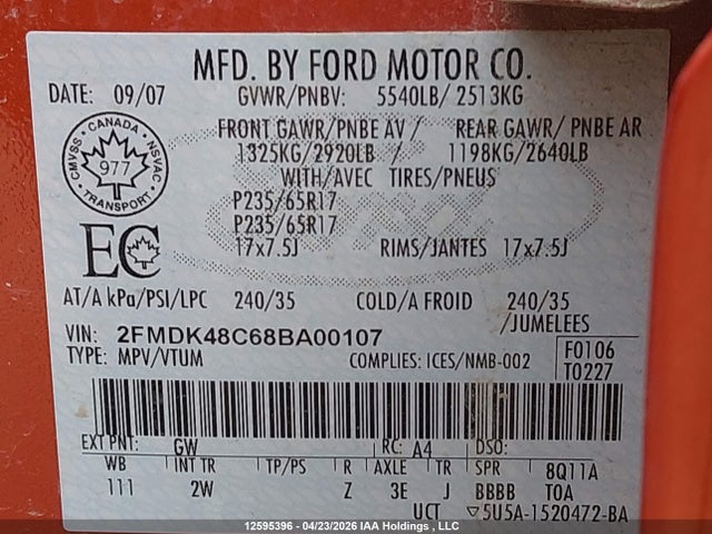 Продаж на аукціоні авто 2008 Ford Edge Sel, vin: 2FMDK48C68BA00107, номер лоту: 12595396
