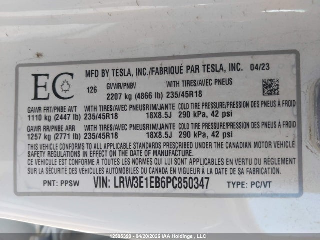 Aukcja sprzedaży 2023 Tesla Model 3 Long Range, vin: LRW3E1EB6PC850347, numer aukcji: 12595399