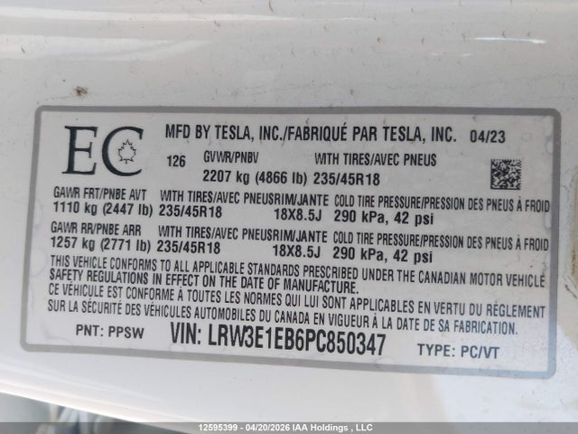 Aukcja sprzedaży 2023 Tesla Model 3 Long Range, vin: LRW3E1EB6PC850347, numer aukcji: 12595399
