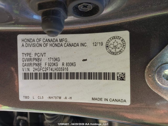 Aukcja sprzedaży 2020 Honda Civic Ex, vin: 2HGFC2F74LH005916, numer aukcji: 12595401