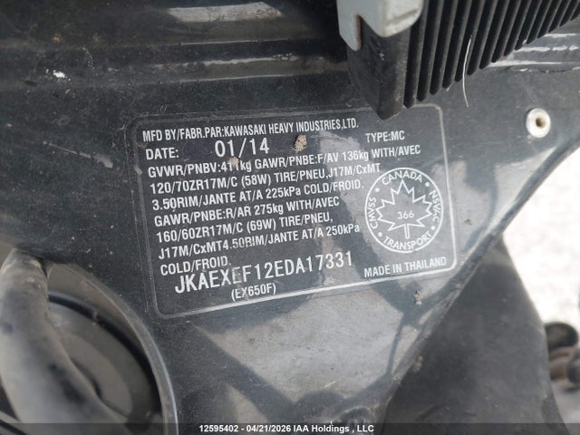 Продаж на аукціоні авто 2014 Kawasaki Ex650 F, vin: JKAEXEF12EDA17331, номер лоту: 12595402