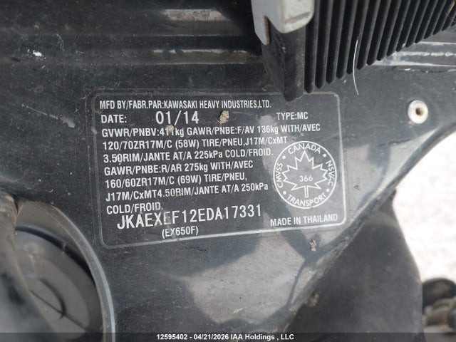 Продаж на аукціоні авто 2014 Kawasaki Ex650 F, vin: JKAEXEF12EDA17331, номер лоту: 12595402