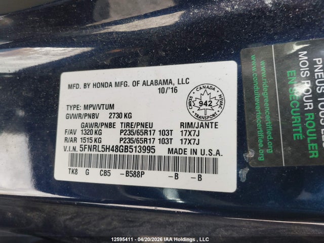 5FNRL5H48GB513995 Honda ODYSSEY EX