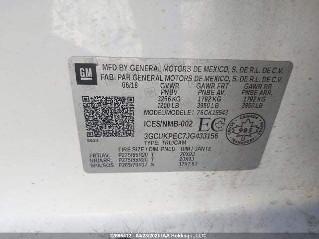 2018 Chevrolet Silverado 1500 მანქანა იყიდება აუქციონზე, vin: 3GCUKPEC7JG433156, აუქციონის ნომერი: 12595412