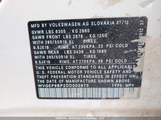 12595419 :رقم المزاد ، WVGEP9BP2DD002973 vin ، 2013 Volkswagen Touareg Tdi Lux مزاد بيع