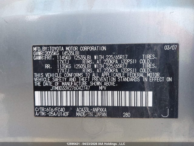 12595421 :رقم المزاد ، JTMBD33V276042747 vin ، 2007 Toyota Rav4 مزاد بيع