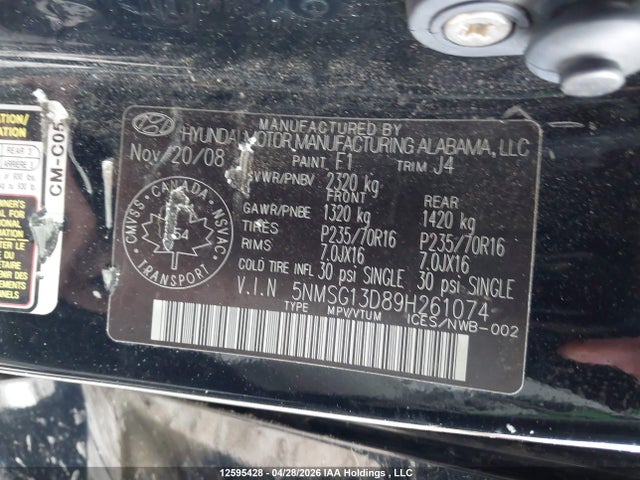 Продаж на аукціоні авто 2009 Hyundai Santa Fe Gl, vin: 5NMSG13D89H261074, номер лоту: 12595428