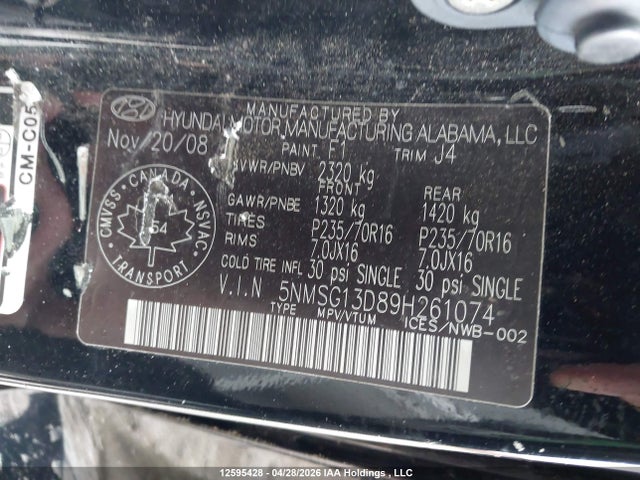 Продаж на аукціоні авто 2009 Hyundai Santa Fe Gl, vin: 5NMSG13D89H261074, номер лоту: 12595428