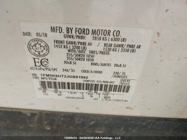 12595433 :رقم المزاد ، 1FM5K8HT2JGB81992 vin ، 2018 Ford Explorer Platinum مزاد بيع