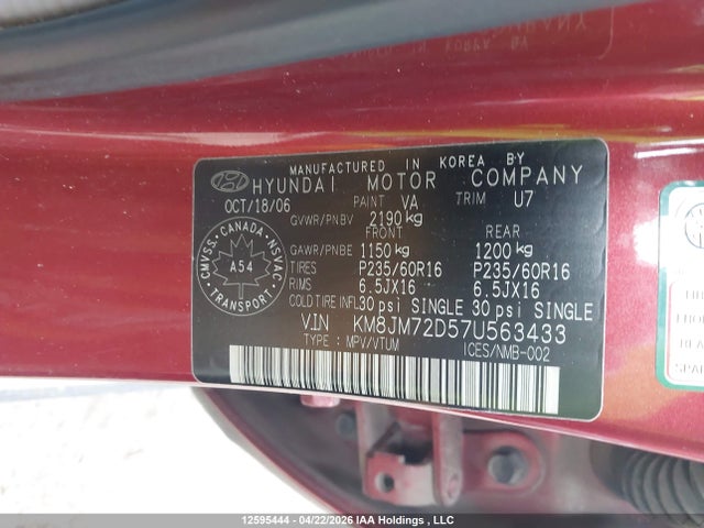 Aukcja sprzedaży 2007 Hyundai Tucson Gl/gls, vin: KM8JM72D57U563433, numer aukcji: 12595444
