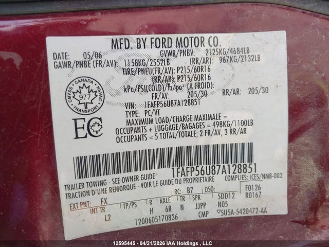 Продажа на аукционе авто 2007 Ford Taurus Sel, vin: 1FAFP56U87A128851, номер лота: 12595445