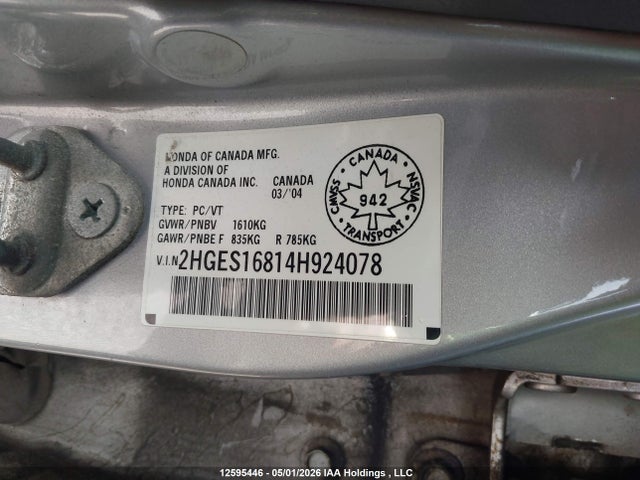 2004 Honda Civic Sdn მანქანა იყიდება აუქციონზე, vin: 2HGES16814H924078, აუქციონის ნომერი: 12595446