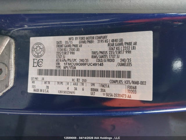 Продажа на аукционе авто 2015 Ford Escape Se, vin: 1FMCU9G99FUC49145, номер лота: 12589008