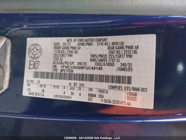 Продажа на аукционе авто 2015 Ford Escape Se, vin: 1FMCU9G99FUC49145, номер лота: 12589008